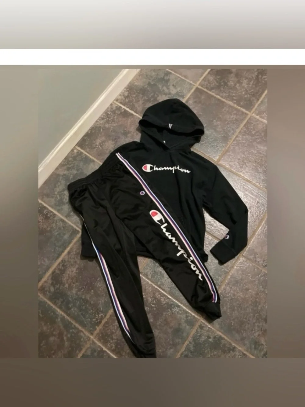 Champion Black Hoodie & Track Pants Set with White and Red Logo Youth Size M